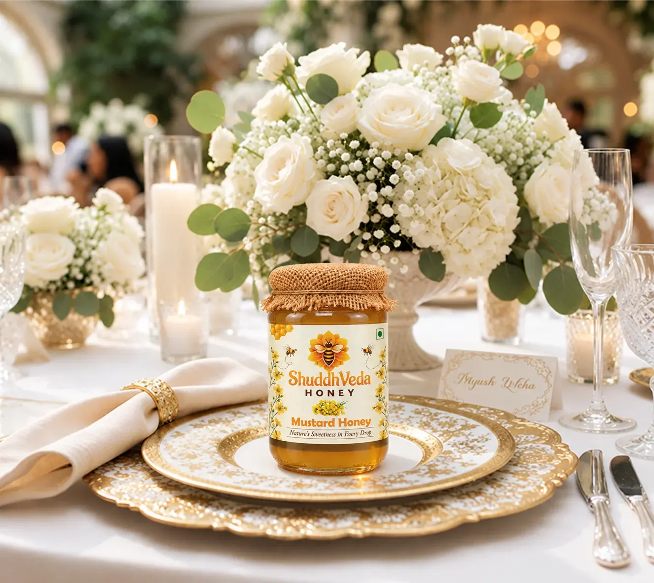 Wedding table setting with honey jar