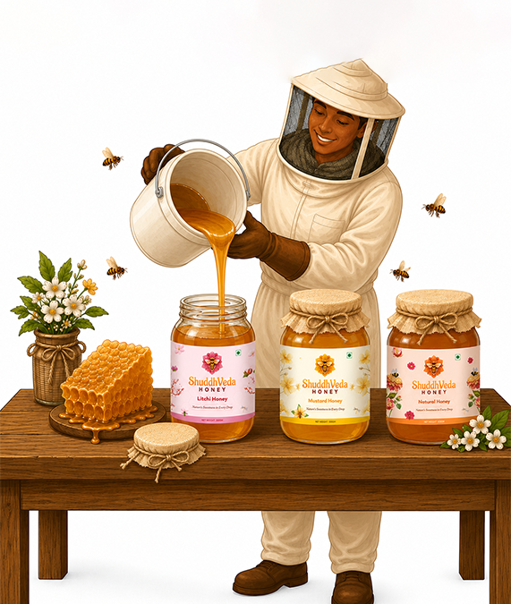 Beekeeper pouring honey into jars
