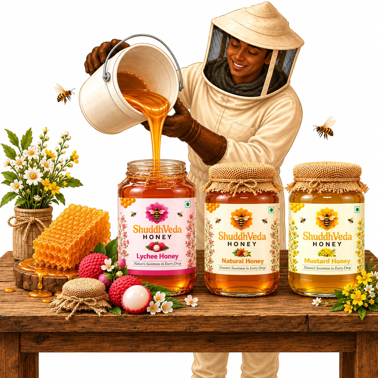 Beekeeper pouring honey into jars